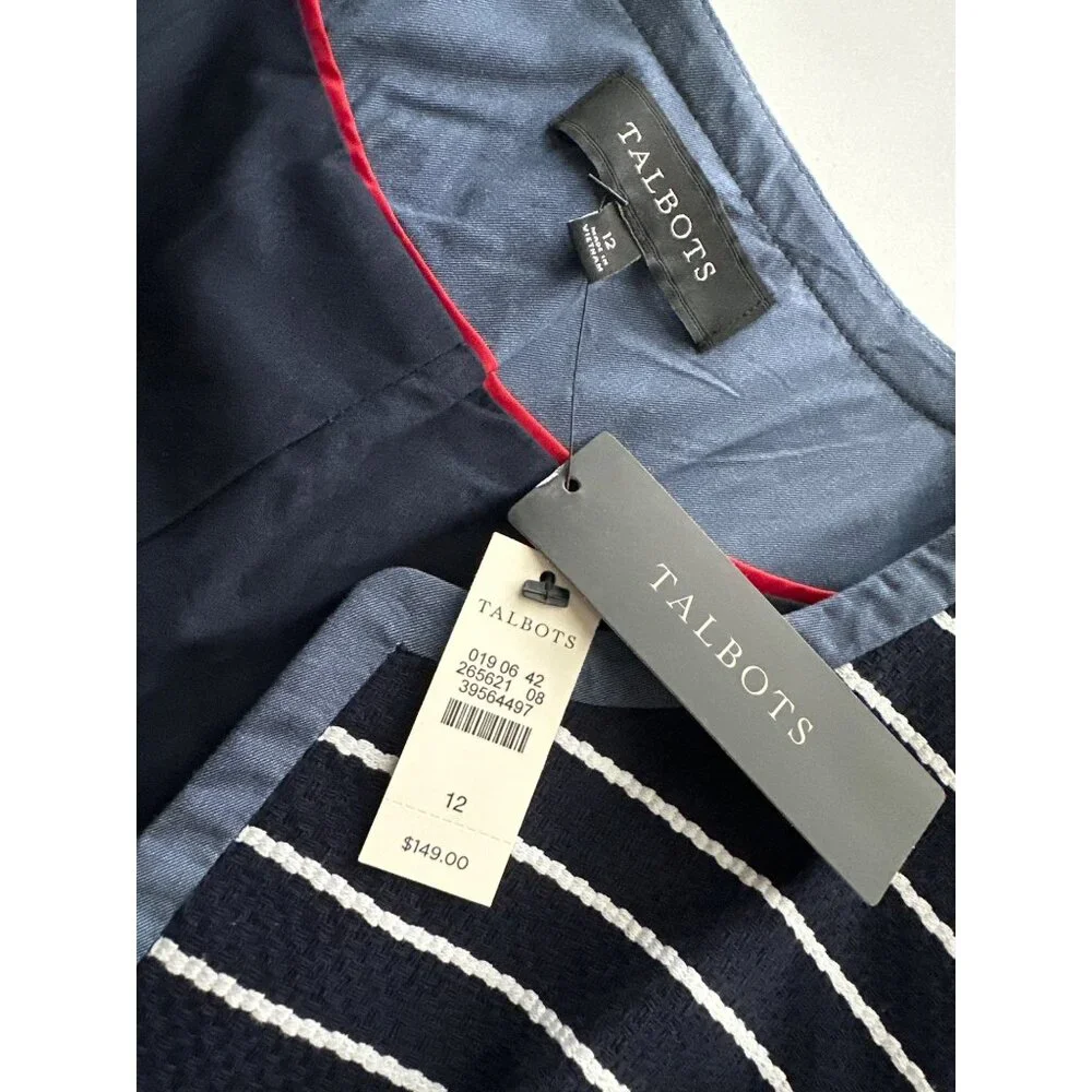 NWT Talbots Navy White Striped Blazer Eye Hook Front Close Cotton Jacket Size 12